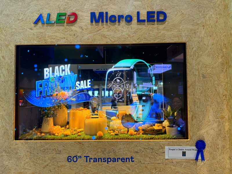 37000a威尼斯60吋高透明度Micro LED显示器获”最佳Micro LED技术应用奖”，将Micro LED面板透明化之设计特性极致发挥，以可扩展性无缝拼接技术打造，具备600 nits全画面亮度、大于60%穿透率及超过NTSC 110%的优异广色域表现，可依需求灵活应用于各种场域